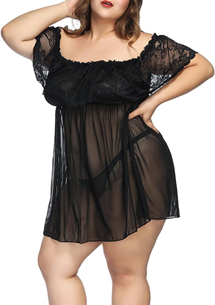 Womens Lingerie Sexy Off-Shoulder Floral Lace Babydoll Chemise Sleepwear Mesh Nightdress Naughty Clubwear Plus Size