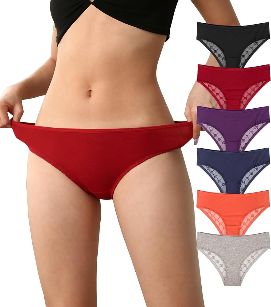 OLIKEME Womens Sexy Underwear Lace Cotton Bikini Panties Breathable Low Rise Soft Stretch Cheeky Ladies Briefs 6 Pack