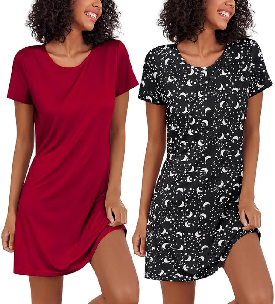 Ekouaer 2 Pack Nightgowns for Women Sleapwear Short Sleeve Night Shirts Soft Sleep Dress Classic NightDress S-XXL