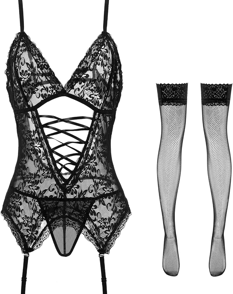 Anyou Lingerie for women, Womens Lingerie Stretchy Lace Teddy Plus Size lingerie with Stockings Size S-XXXXL