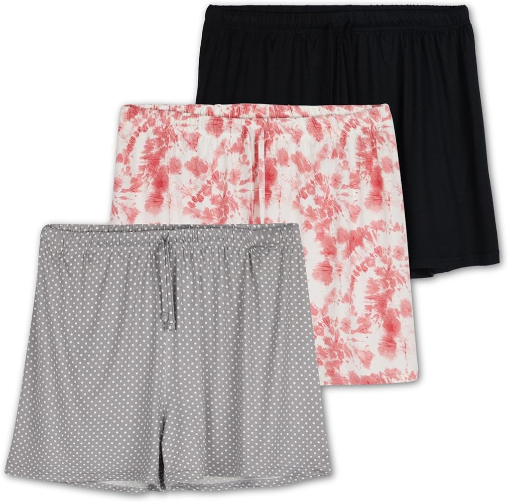 Real Essentials 3 Pack: Womens Ultra-Soft Comfy Stretch Pajama Lounge Shorts Elegant Sleepwear(Available In Plus Size)