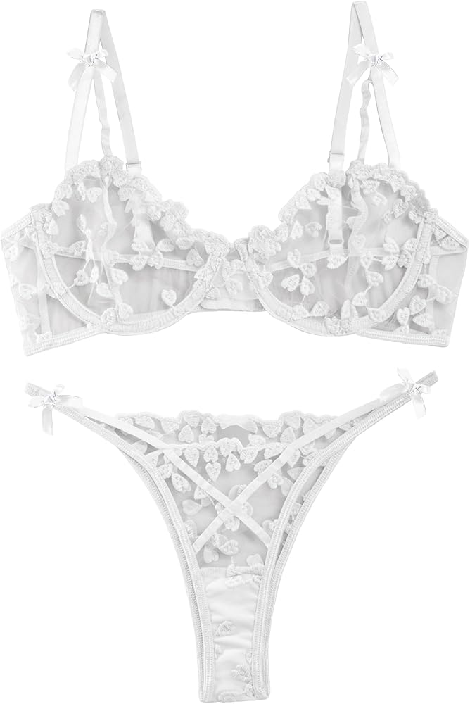 Lilosy Sexy Underwire Cute Push Up Strappy Embroidered Mesh Sheer Lingerie Set See Through Panty Bra
